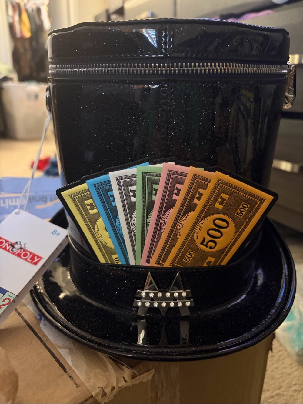 Loungefly Black Glitter Top Hat Crossbody Bag with Monopoly Money Accent - Picture 1 of 4